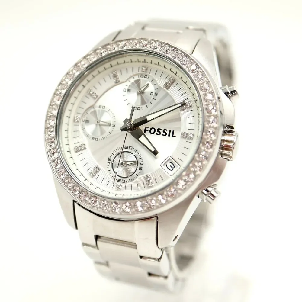 Fossil Decker Silver Tone 37mm Chronograph Watch Jewel Steel ES2681 New Battery